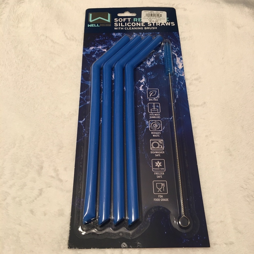 Soft reusable silicone straws w/ cleaning brush